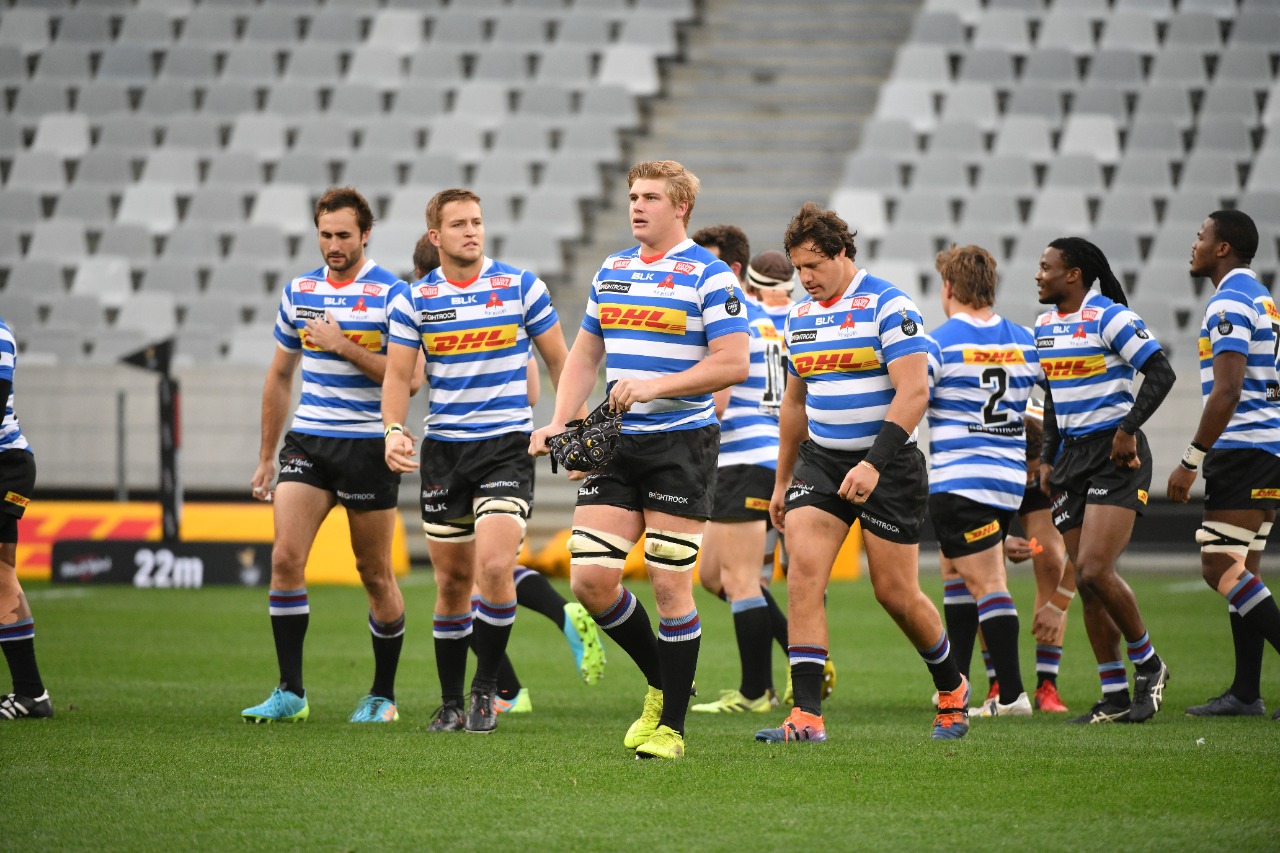 Western Province Rugby team, led by Ernst van Rhyn, getting ready for kickoff in the Cape Town Stadium