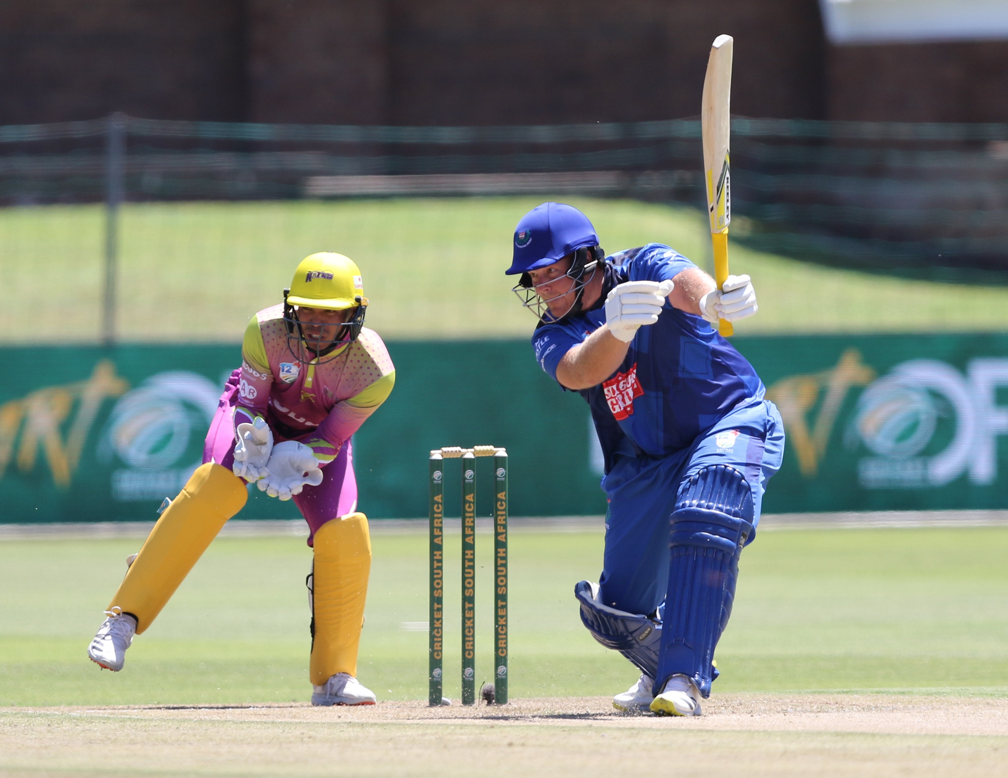 Richard Levi posing after cutting the ball down the off-side. WP opener vs GbetsRocks in 2022 CSA T20 Challenge opener.
