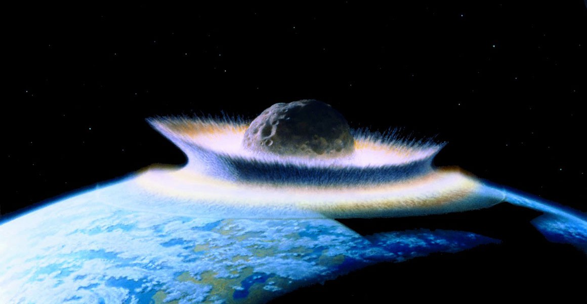 Depiction of a near-earth asteroid hitting the earth 
