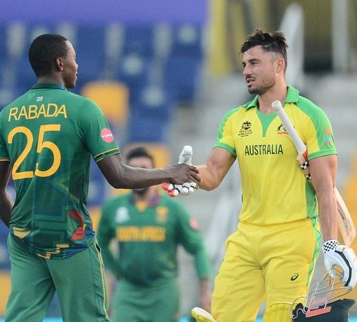 Kagiso Rabada and Marcus Stoinis shaking hands after an ODI march. CSA