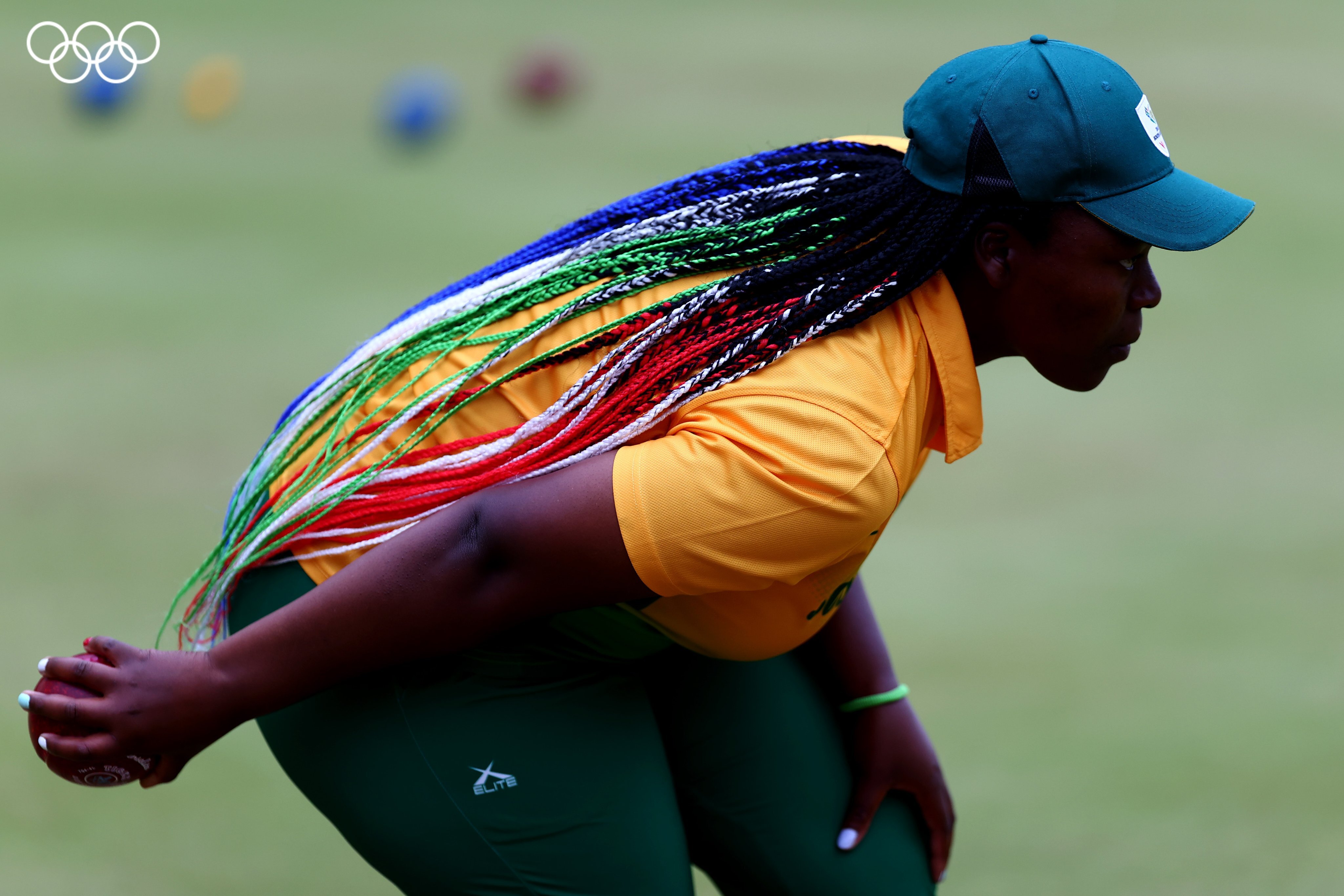 Thabelo Muvhango with hair game on the Lawn Bowls green at the Commonwealth Games for South Africa